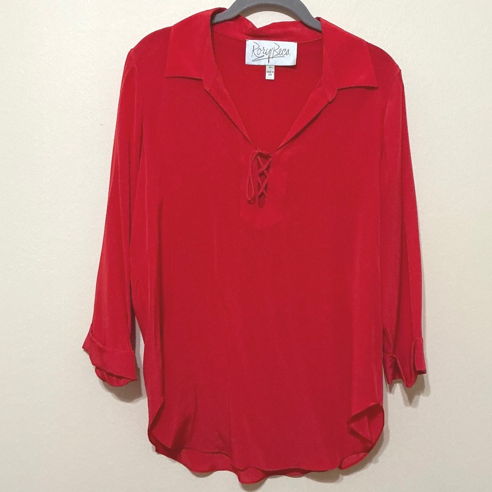 Rory Beca Red Silk Blouse Lace Up Neckline Long‎ Sleeve Collared Top
